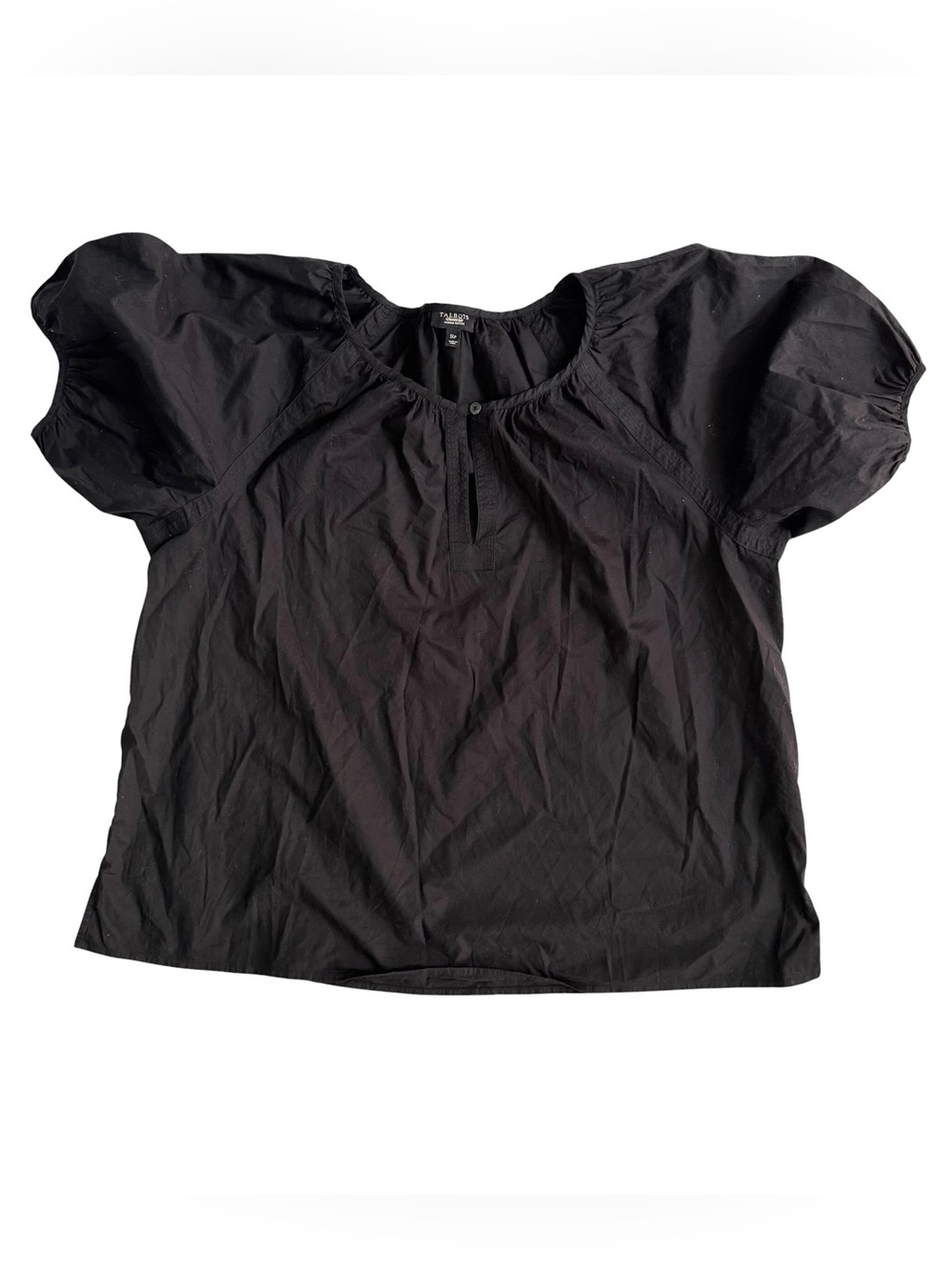 Talbots Woman Petites Puff Sleeve Peasant Blouse 1XP Black Button Keyhole Neck